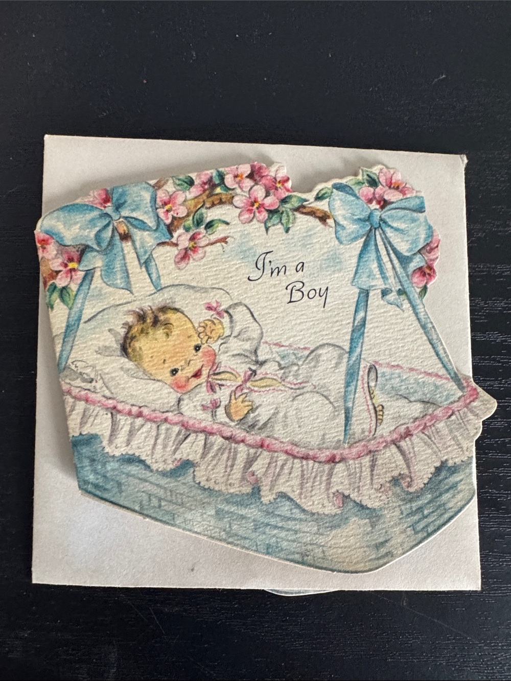Hallmark Blue and Pink Baby in Bassinet Greeting Card